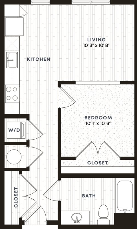 Floor plan for 1 bed, 1 bath, 600 sqft